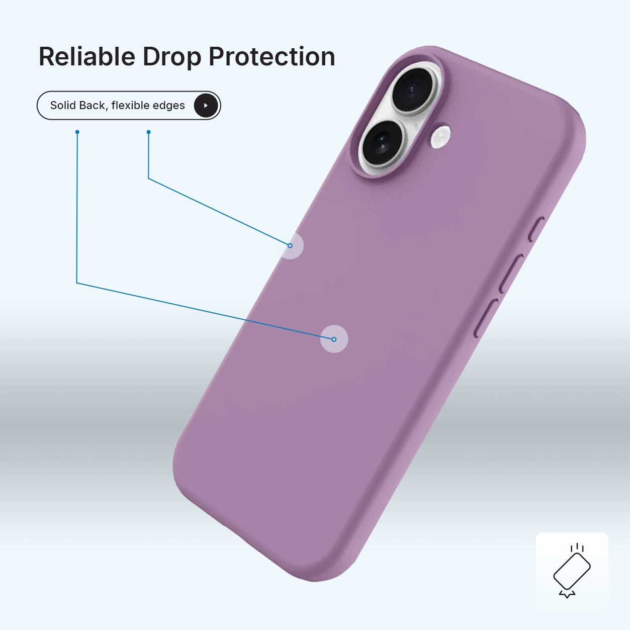 Een paarse telefoonhoes met een uitsparing voor de camera wordt getoond. Tekst geeft 'Betrouwbare valbescherming' en 'Stevige achterkant, flexibele randen' aan.