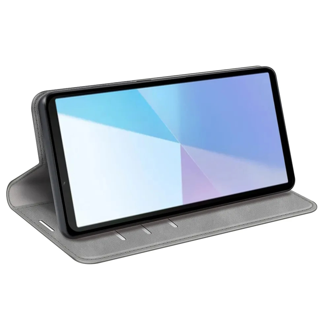 Een tablet in een grijze hoes wordt weergegeven, het scherm toont een blauw en paars geometrisch patroon.