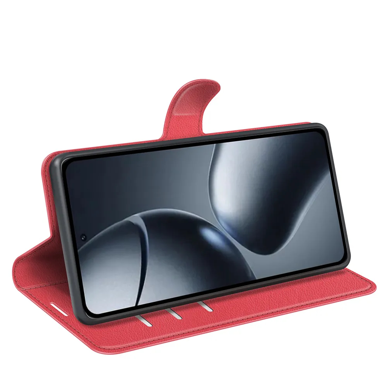 Rode telefoonhoes, open, met telefoon erin. Scherm toont een wazige afbeelding. Hoesje heeft sleuven en een sluitflap.