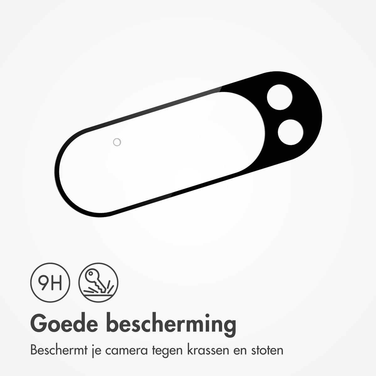 A black camera protector with two circles and a rectangle is shown on a white background. Text in Dutch says 'Good protection'.
