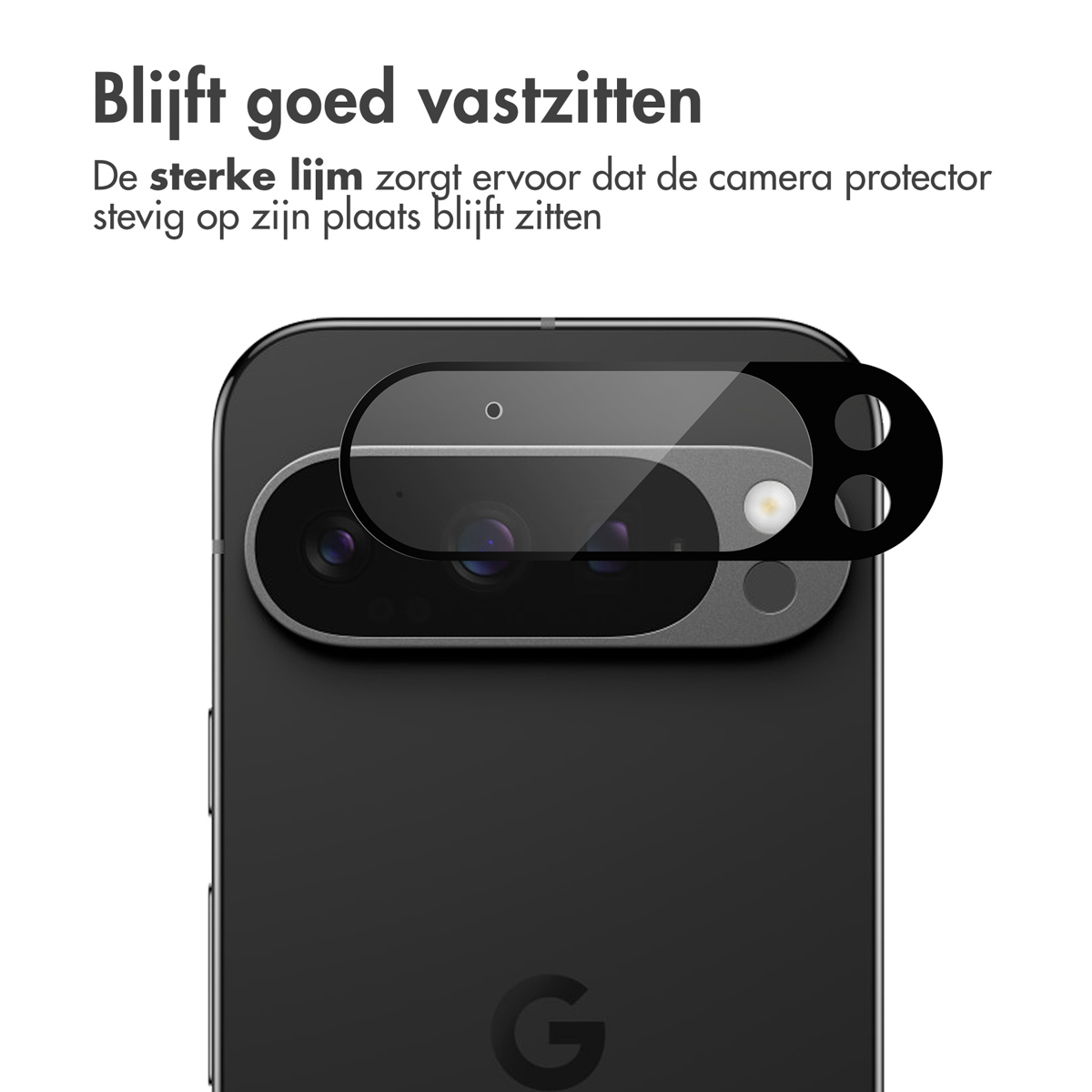 A phone with a camera protector applied. The protector is over the camera lenses. Text at the top says the protector stays in place.