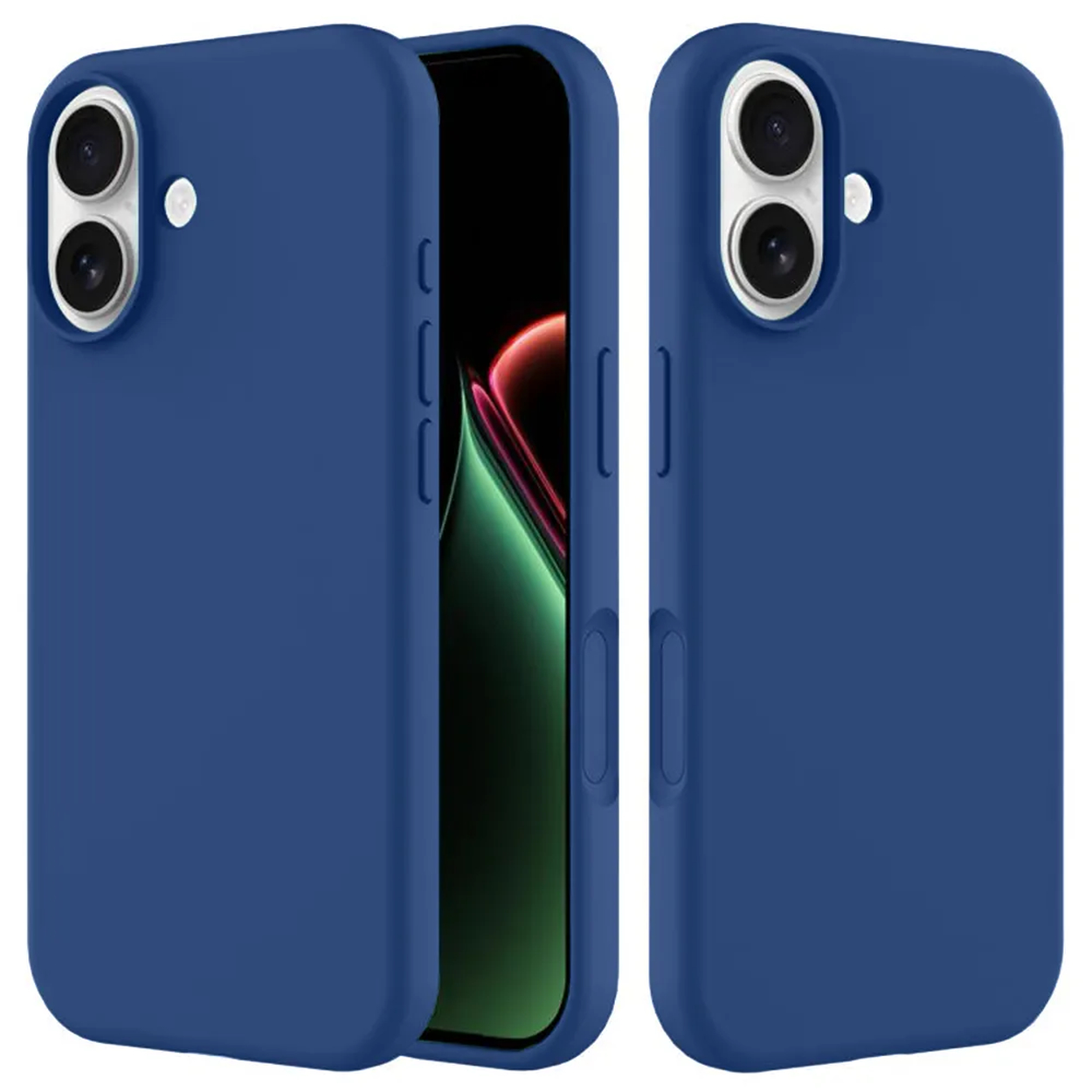 Drie blauwe telefoonhoesjes. Eén open, met een scherm. Het scherm toont groene en rode kleuren.