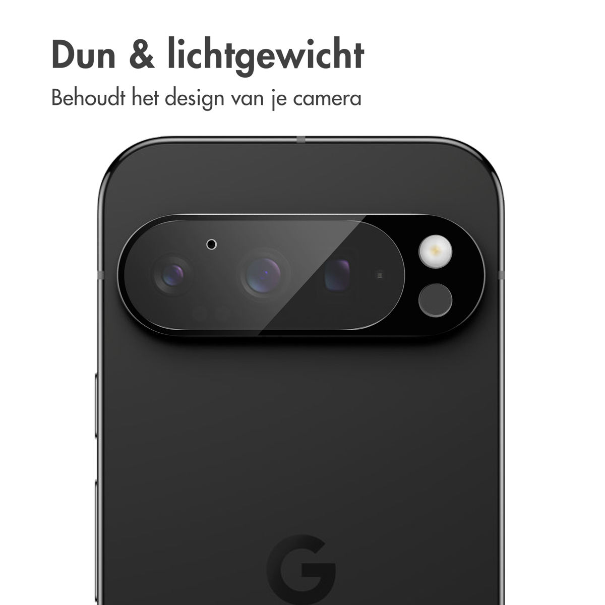 A close-up of a black smartphone showing the camera module. Text above reads 'Thin & lightweight' in Dutch.