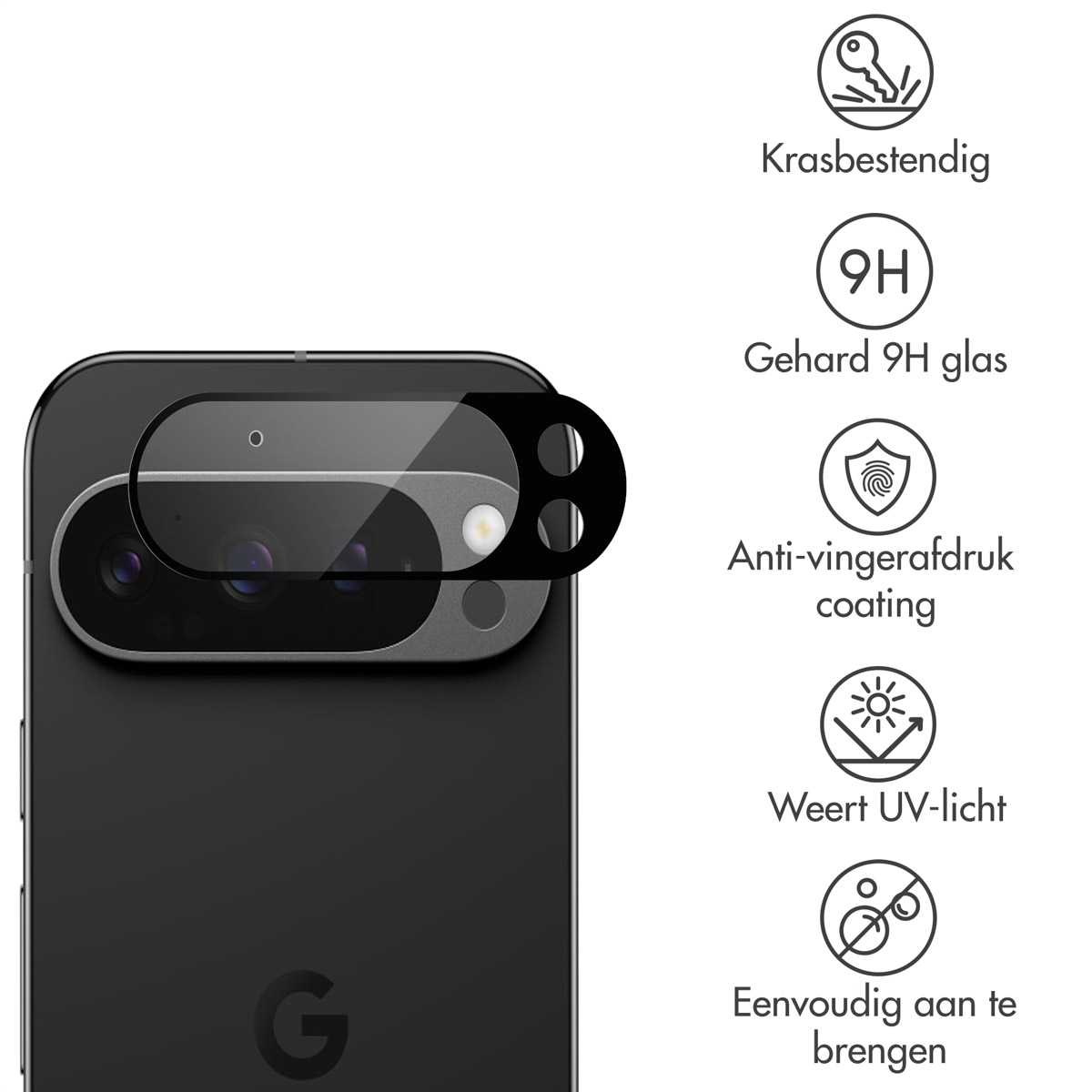 Black phone with camera protector. Features: scratch-resistant, 9H glass, anti-fingerprint coating, UV light protection, easy to apply.