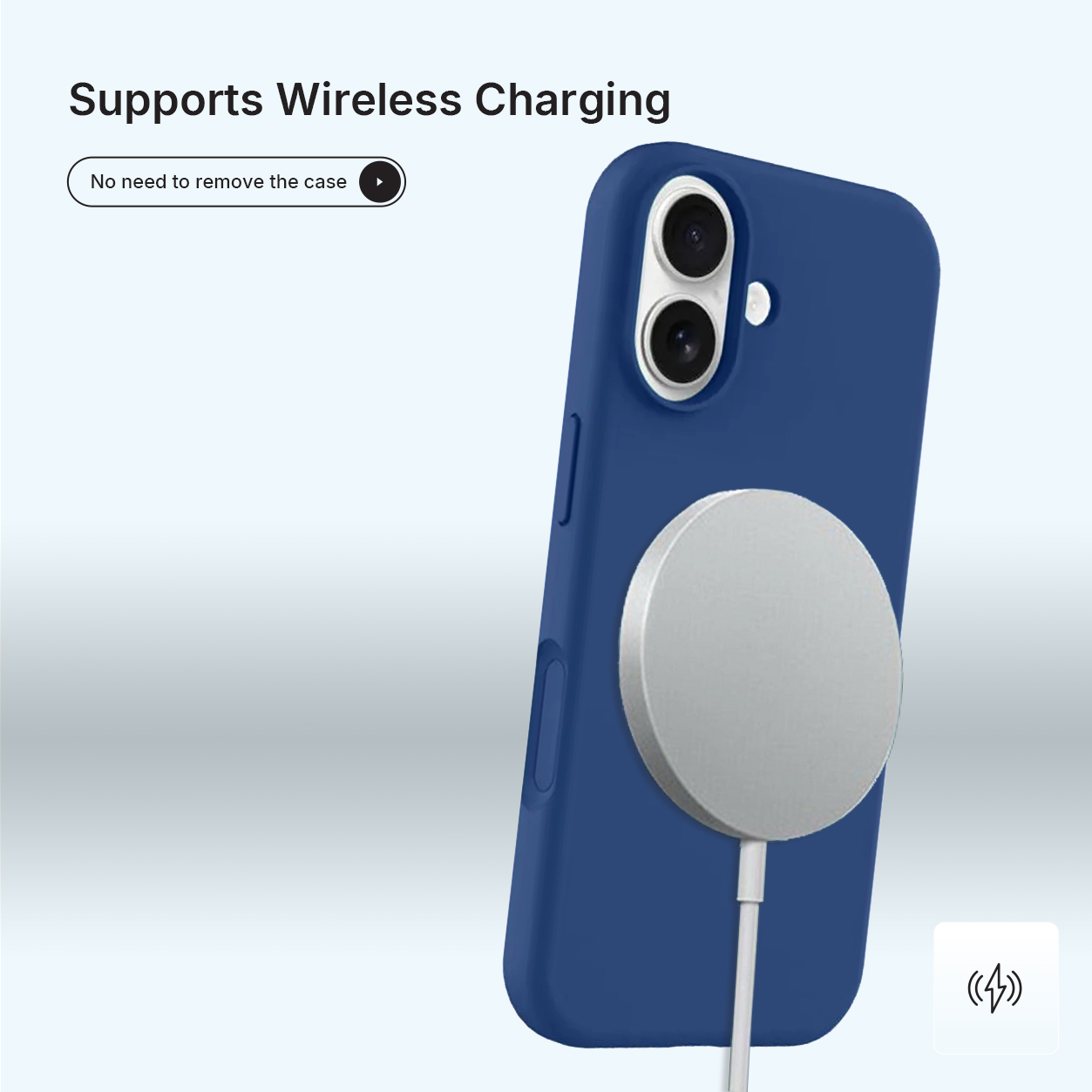 Een blauwe telefoonhoes met een zilveren oplaadschijf eraan. De telefoon heeft twee camera's. Tekst: 'Ondersteunt draadloos opladen'.