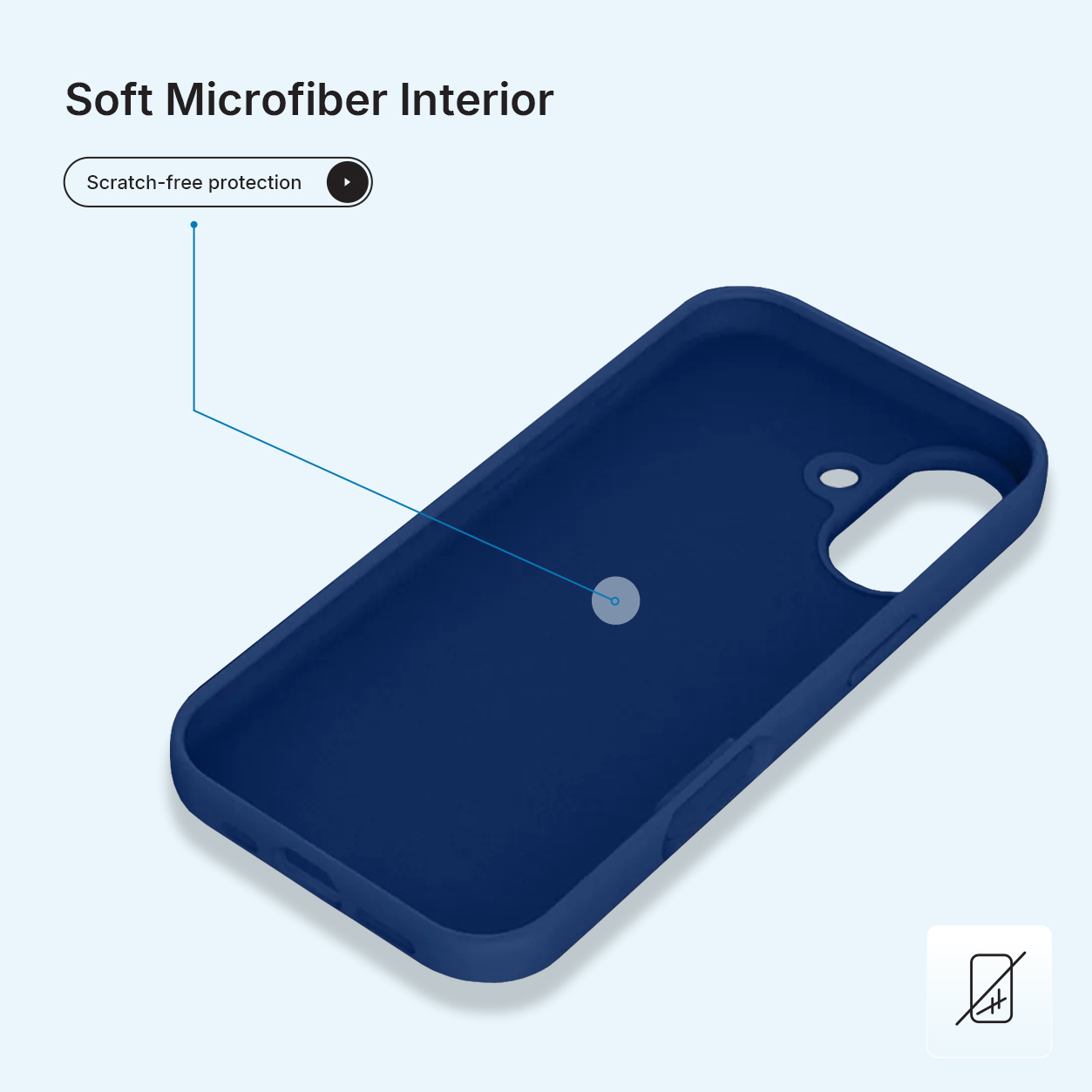 Een marineblauwe telefoonhoes. Tekst bovenaan luidt 'Soft Microfiber Interior' en 'Scratch-free protection'. Een krasvrij pictogram rechtsonder.