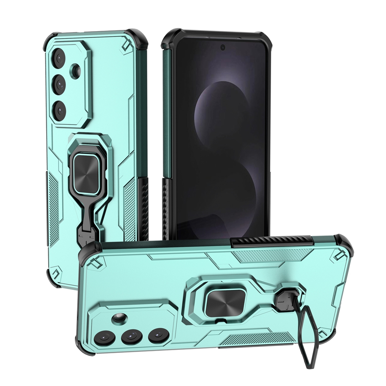 Trois étuis de téléphone : bleu clair avec des accents noirs. Un avec téléphone à l'intérieur. Les étuis ont des supports d'anneau et des découpes pour appareil photo. Fond blanc.