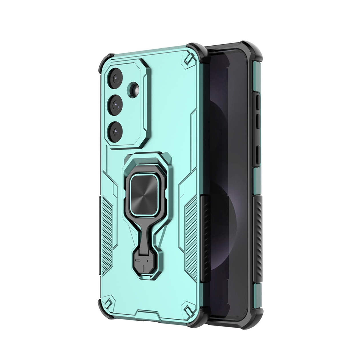 Une coque de téléphone vert menthe avec un cadre noir. Elle possède un support d'anneau et trois objectifs.