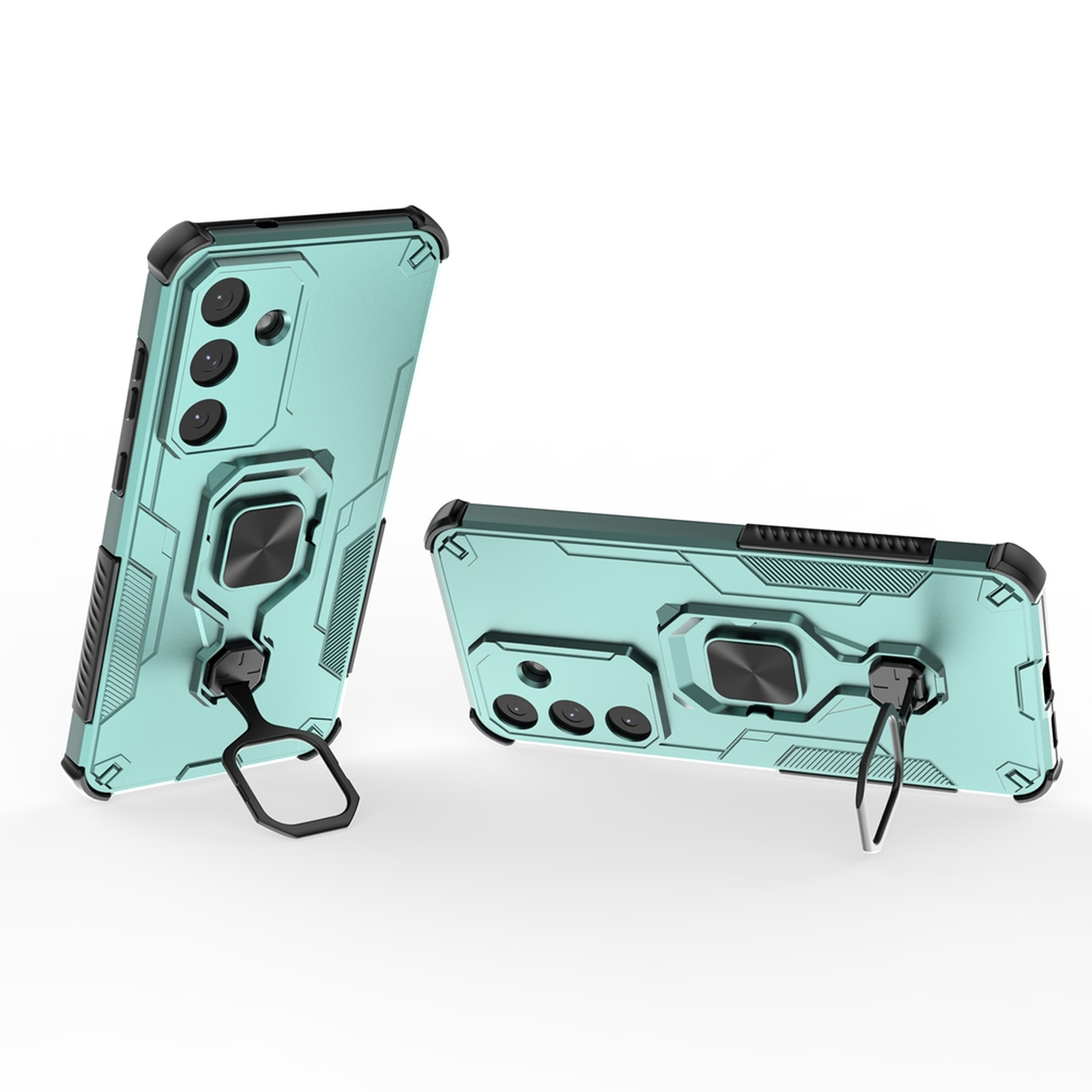 Deux coques de téléphone turquoise avec des accents noirs sont présentées. Chacune a un support à anneau. L'une est verticale, l'autre est plate.