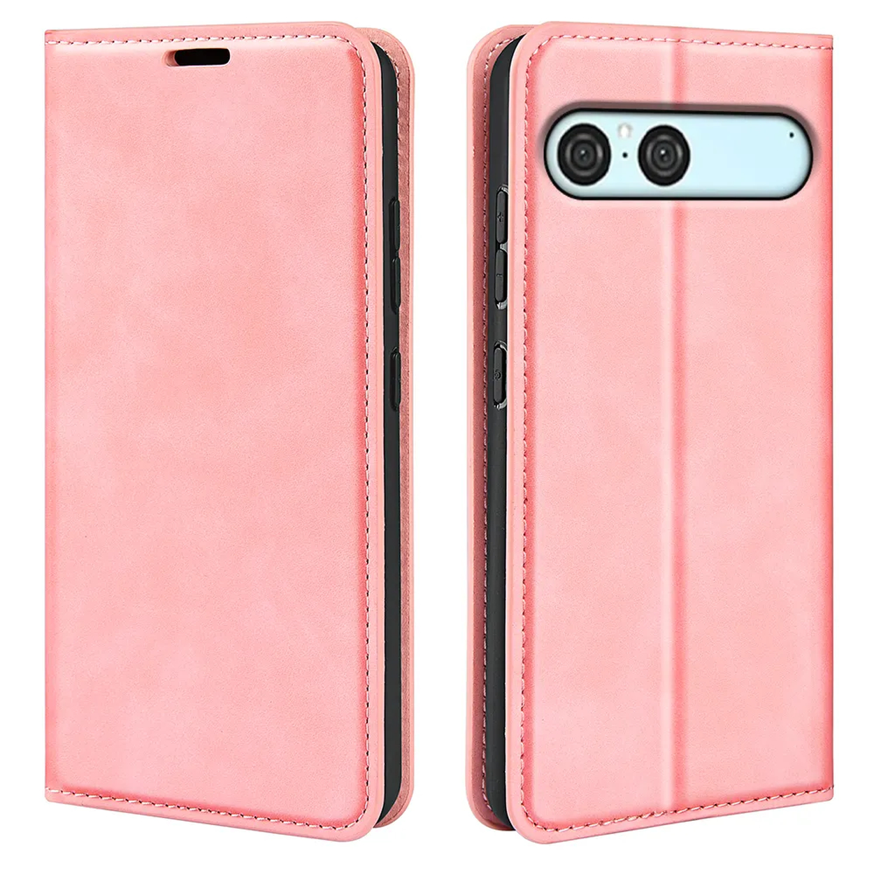 Un étui de téléphone rose, ouvert et fermé, montrant l'intérieur. L'étui a une découpe caméra et des boutons sur le côté.
