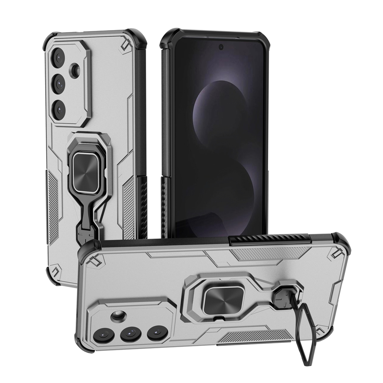 Trois étuis de téléphone argentés avec des accents noirs sont affichés. Chacun a un support de bague et des découpes pour l'appareil photo. Un étui contient un téléphone noir.