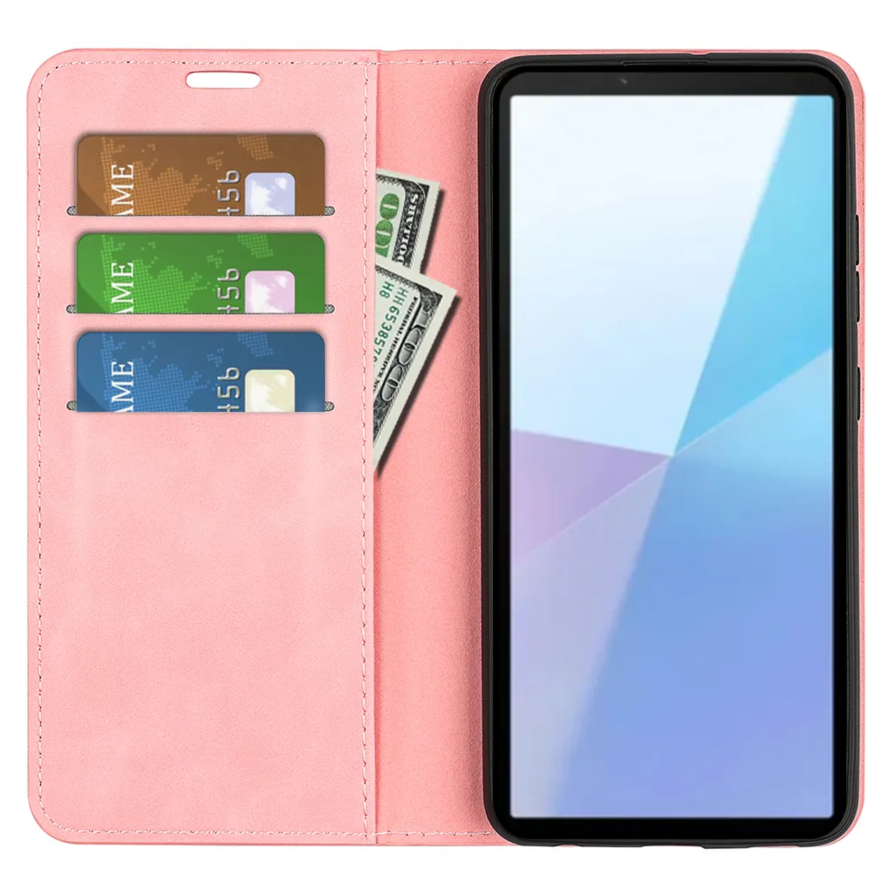 Étui de téléphone rose avec un téléphone et des cartes. Des billets de cent dollars sont également visibles.
