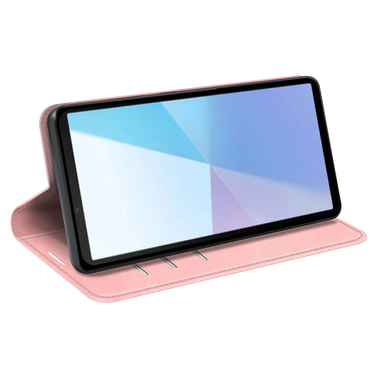 Tablette dans un étui rose sur fond blanc. L'écran affiche un motif géométrique bleu et violet.