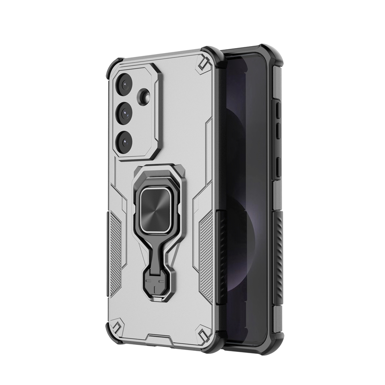 Une coque de téléphone argentée avec un téléphone noir à l'intérieur. La coque a un support de bague et un design géométrique.