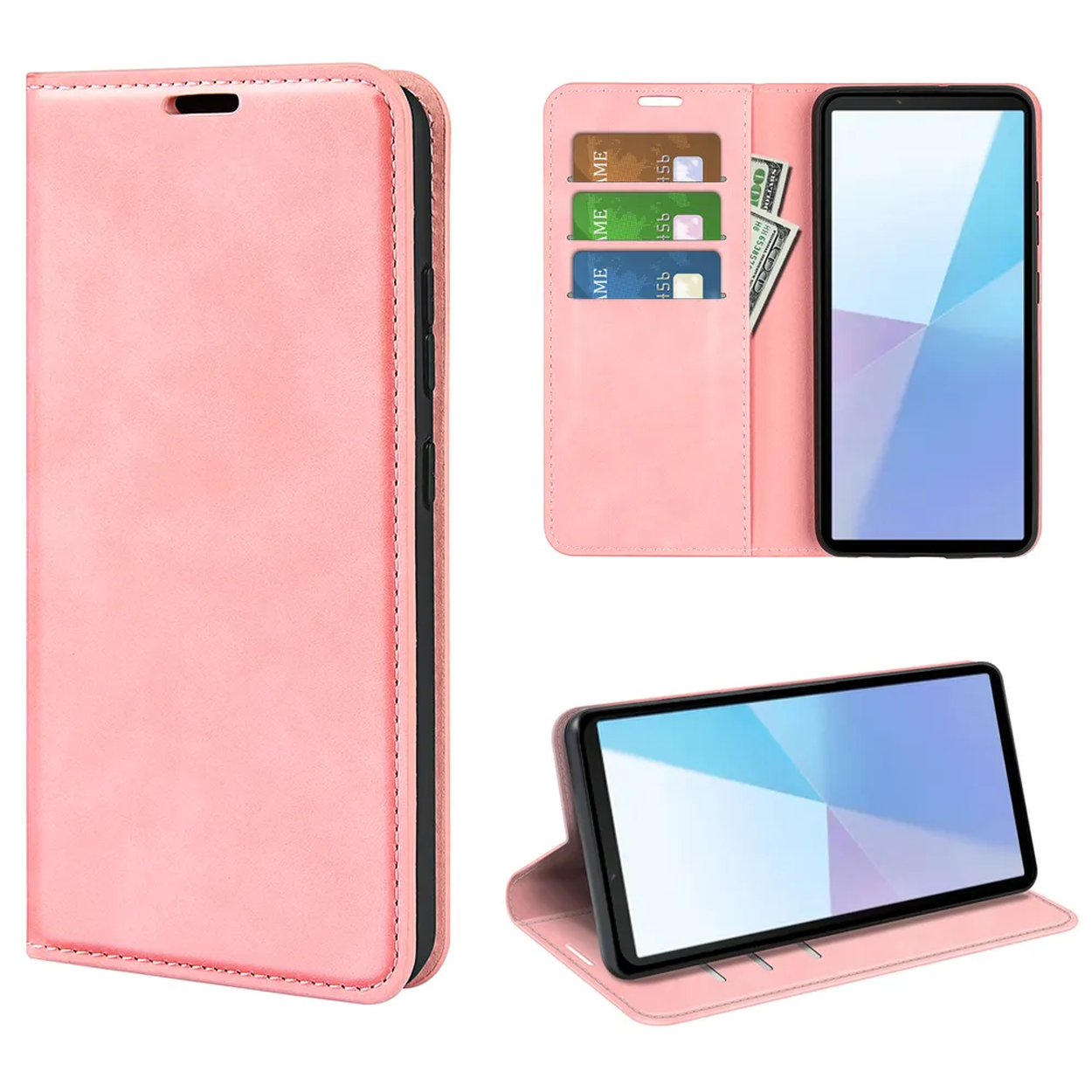 Étui de téléphone en cuir rose avec téléphone, cartes et argent. Le téléphone est dans l'étui et peut être relevé pour être vu.