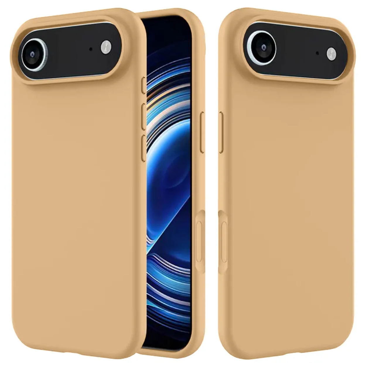 Trois étuis de téléphone : deux étuis beiges, un avec un téléphone à l'intérieur. Chaque étui a une découpe pour l'appareil photo et des boutons latéraux. L'écran est bleu.