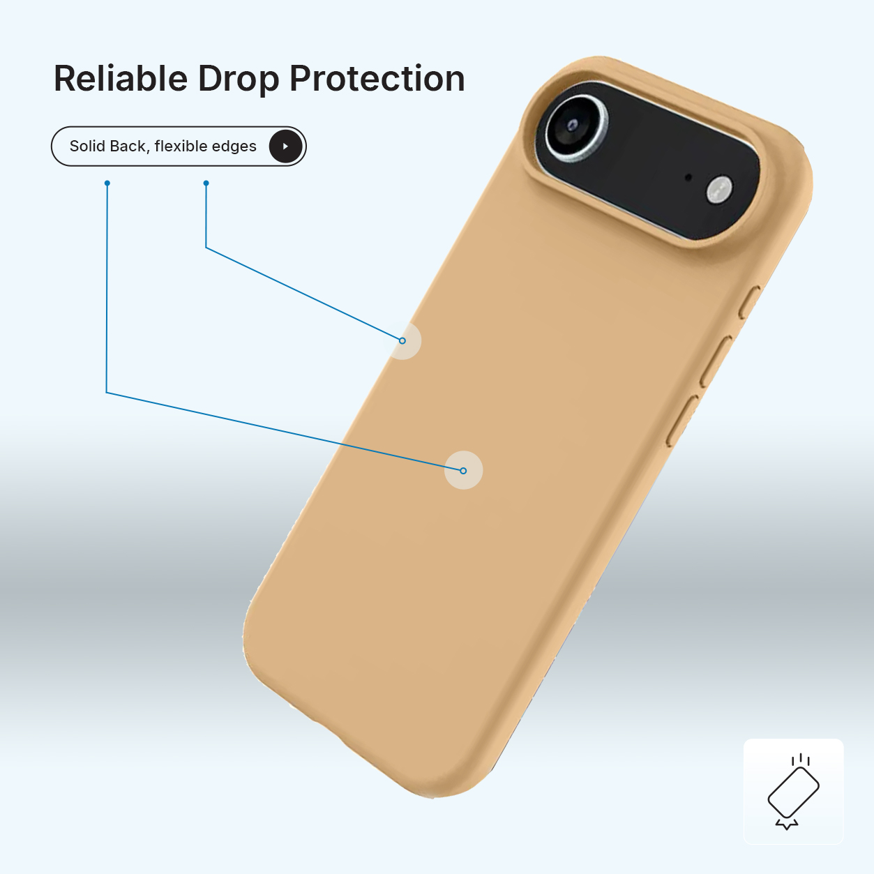 Une coque de téléphone beige avec des flèches pointant vers son dos solide et ses bords flexibles. Le texte indique 'Protection fiable contre les chutes'.