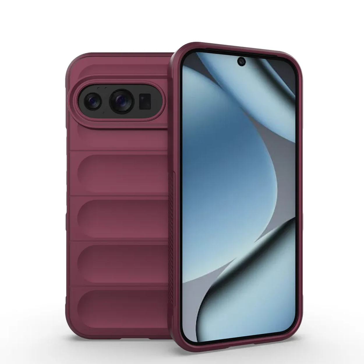 Een bordeauxrode smartphone met bijpassende hoes. De telefoon is iets gekanteld. De hoes heeft een uitsparing voor de camera en een textuurontwerp.