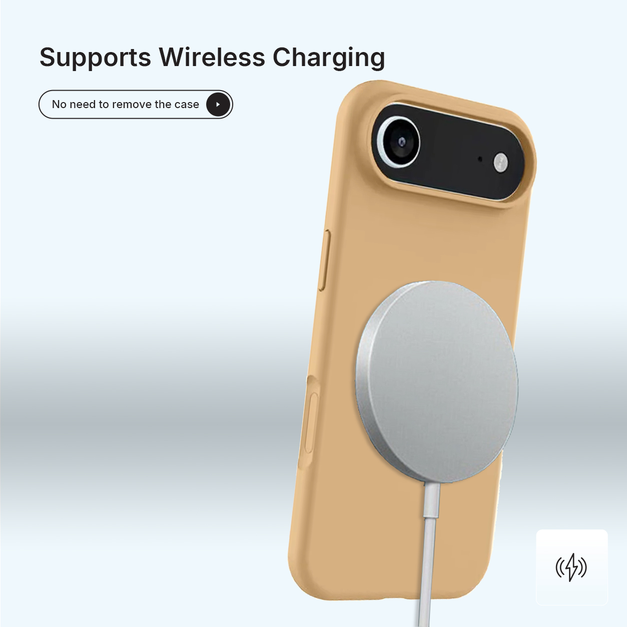 Un téléphone dans un étui beige avec un chargeur argenté attaché. Le texte ci-dessus indique la recharge sans fil.