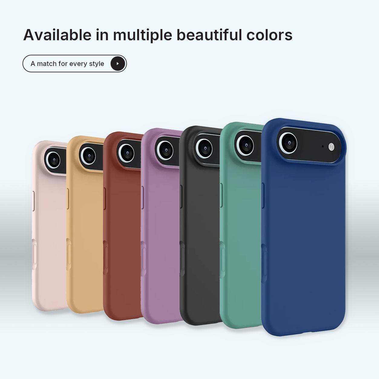 Sept étuis de téléphone colorés sont présentés. Les couleurs incluent rose, beige, marron, violet, noir, vert et bleu, sur fond bleu clair.