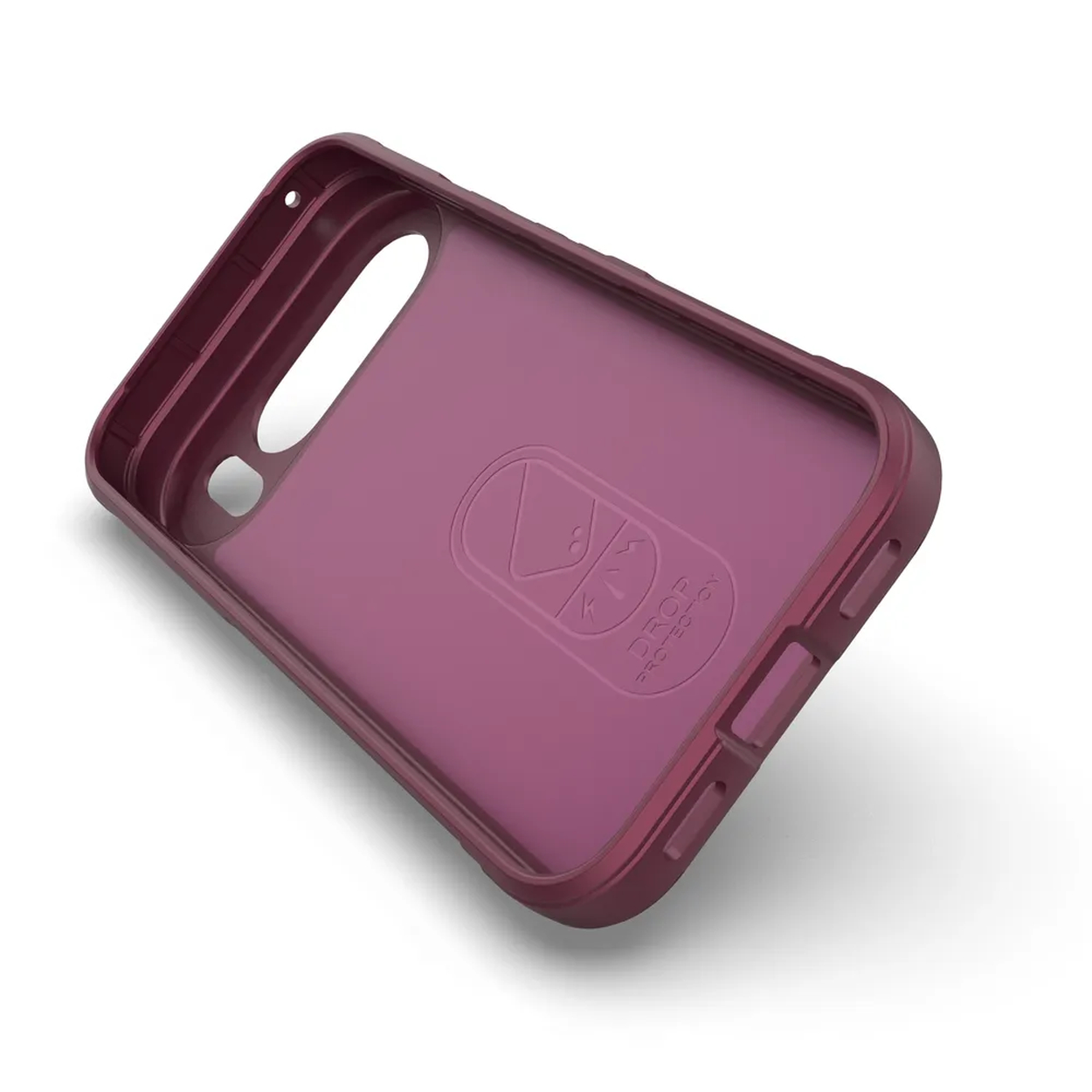 Een bordeauxrode telefoonhoes ligt open, omhoog gekanteld. De binnenkant is lichter bordeaux, met een logo en tekst. Witte achtergrond.
