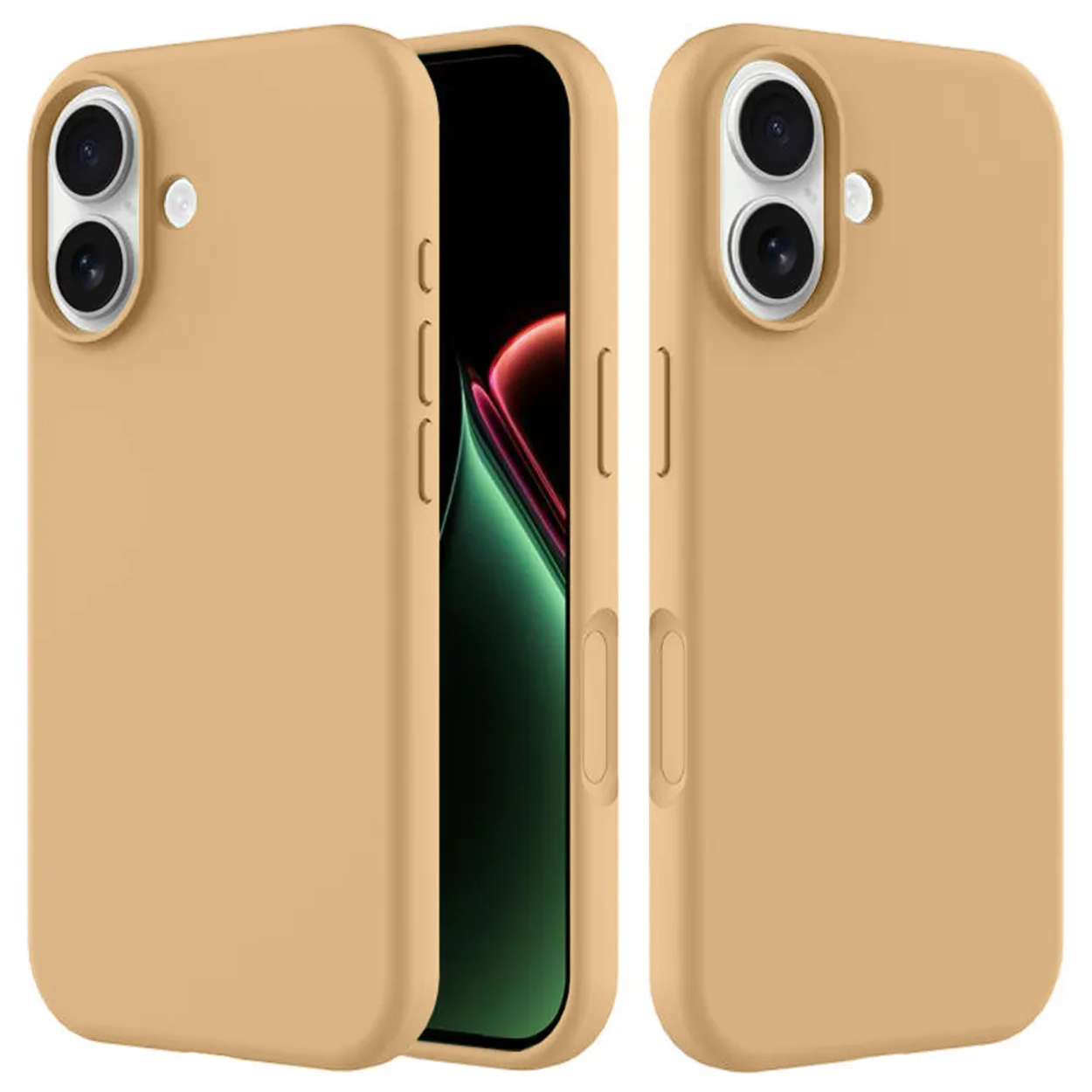 Drie telefoonhoesjes: twee bruine hoesjes en één die een telefoonscherm laat zien met groene en rode kleuren. De hoesjes hebben gaten voor de camera.