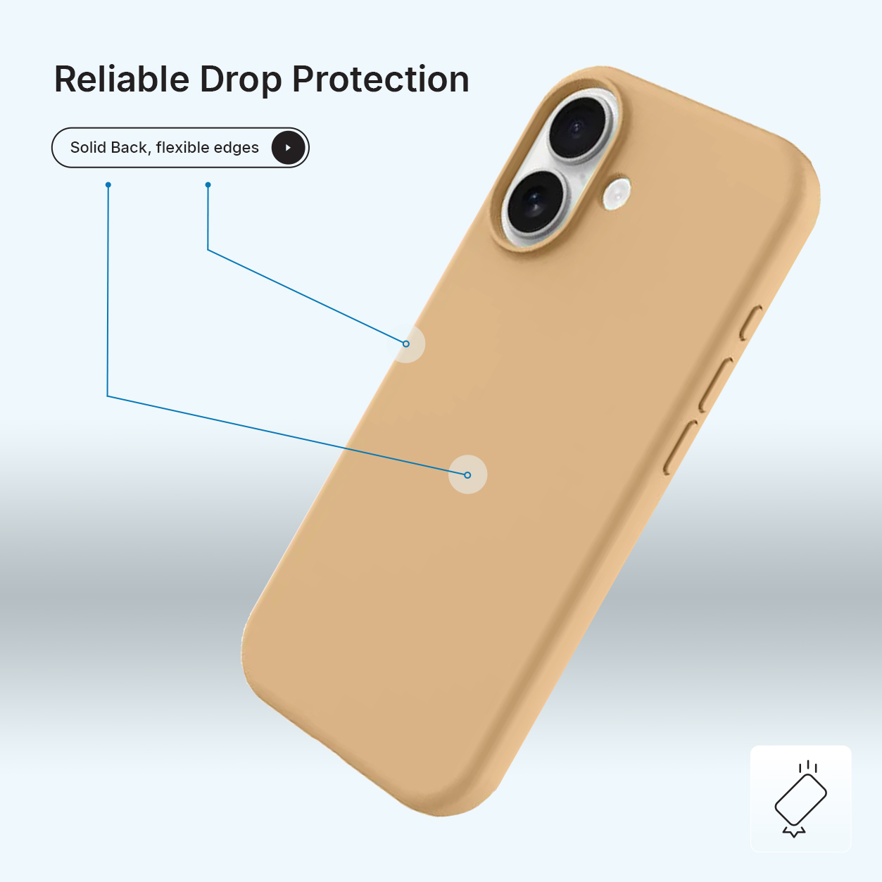 Een bruin telefoonhoesje met een stevige achterkant en flexibele randen wordt getoond. De hoes is schuin, met de camera, knoppen en het ontwerp.