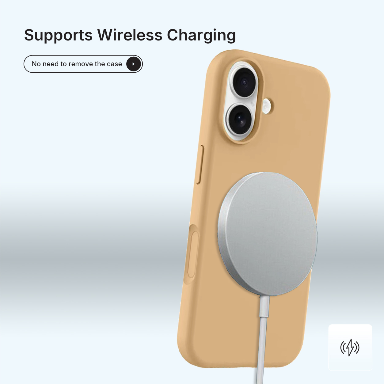 Een telefoon in een bruin hoesje met een zilveren oplaadschijf eraan. De tekst zegt 'Ondersteunt draadloos opladen'.