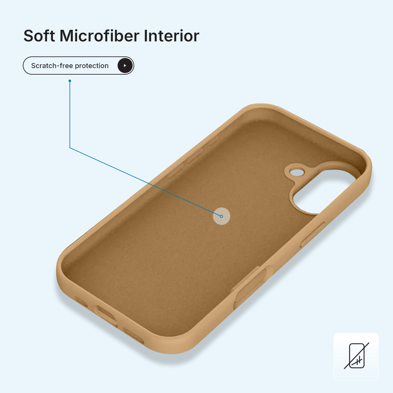 Een bruin telefoonhoesje is afgebeeld. De tekst Zachte microvezel interieur staat erboven en Krasvrije bescherming staat links.