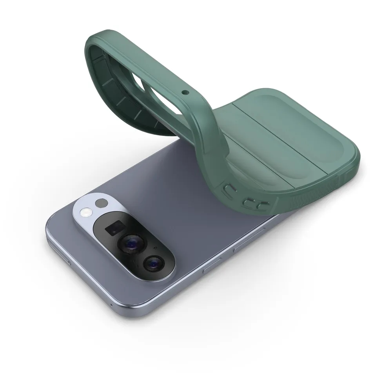 Een smartphone met een groene hoes die het gedeeltelijk bedekt. De hoes is opgetild en toont de achterkant van de telefoon.
