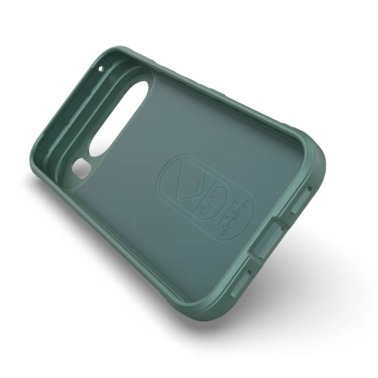 Een teal telefoonhoesje, schuin op een wit oppervlak. Het heeft een uitsparing voor de camera en knoppen, met een 'Drop Protection' logo.