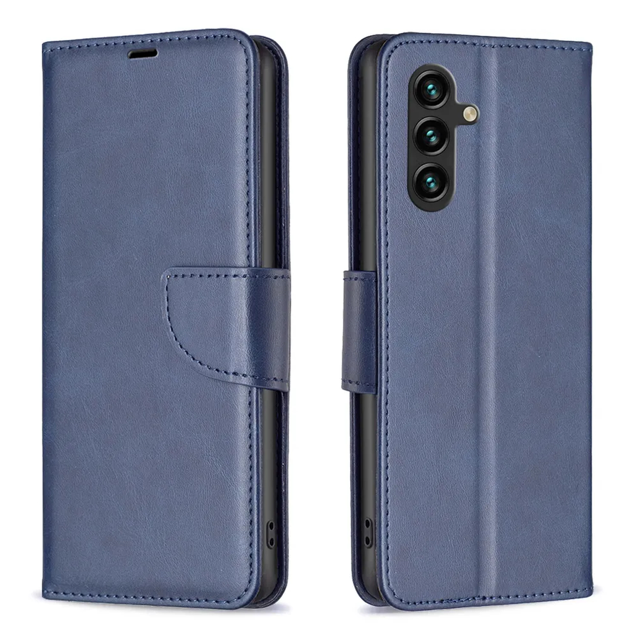 Een blauwe telefoonhoes wordt open en dicht getoond. De hoes heeft een magnetische sluiting en een drievoudige camera-opstelling.