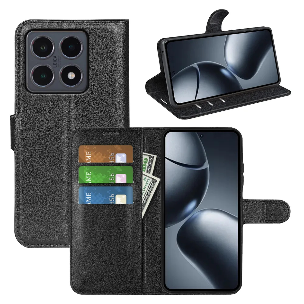 Zwarte leren telefoonhoes met telefoon, kaarten en contanten. Bevat meerdere cameralenzen en een scherm met golf.