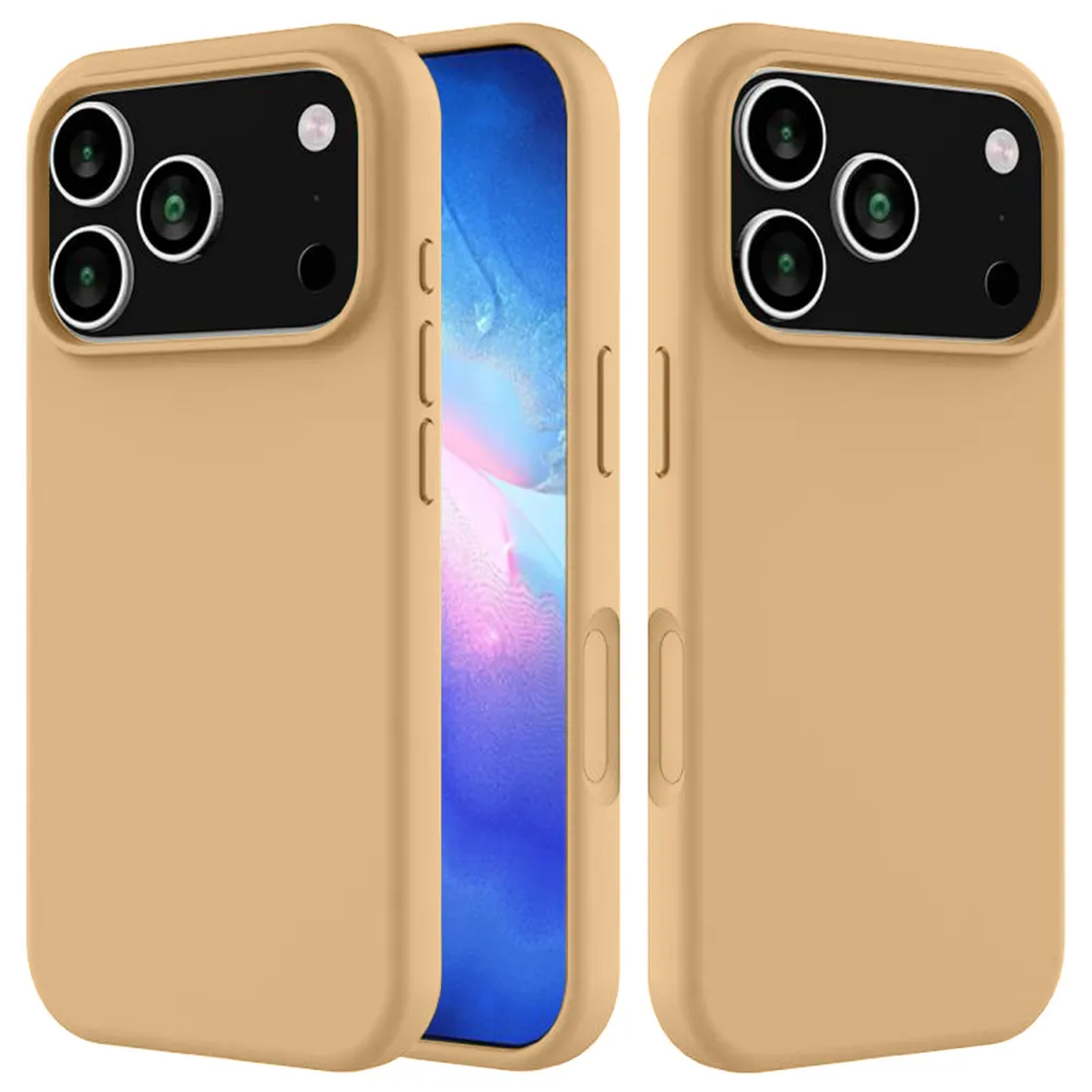Drie telefoonhoesjes in beige, één open met een blauw scherm. Elke hoes heeft cameralenzen.