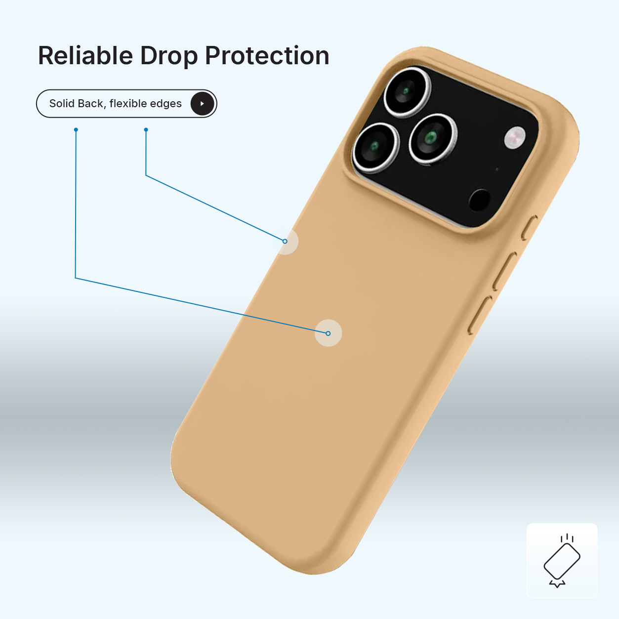 Een bruin telefoonhoesje wordt weergegeven, met de woorden Betrouwbare valbescherming. De hoes heeft een stevige achterkant en flexibele randen.