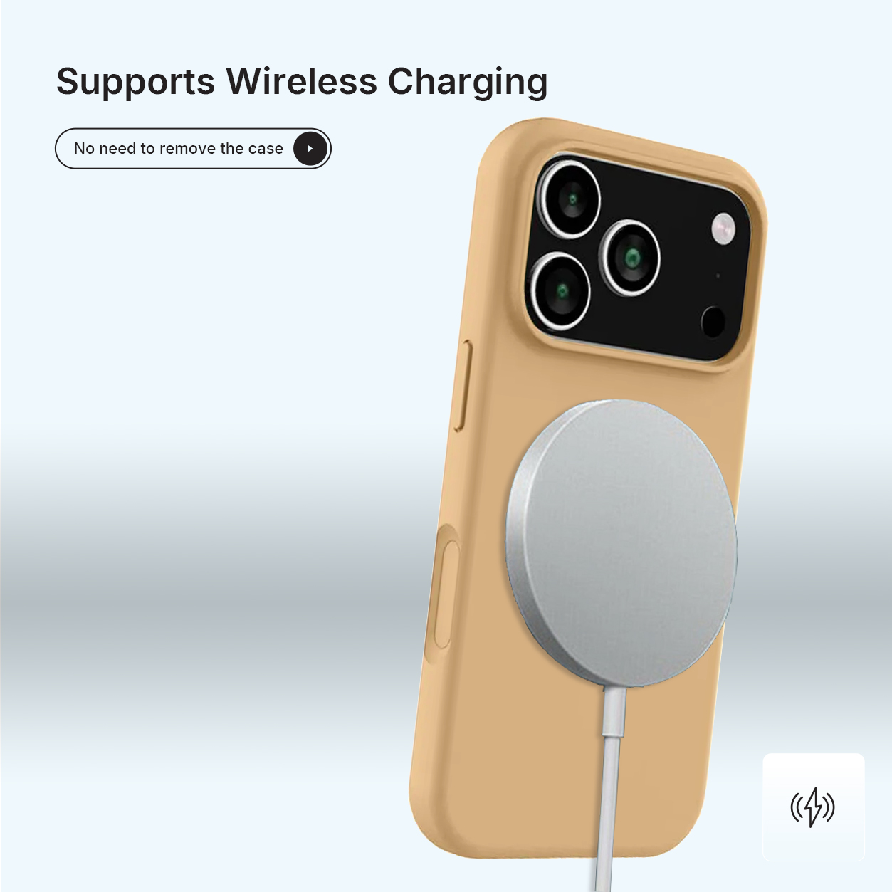 Telefoon in een bruin hoesje met oplader. Tekst luidt 'Ondersteunt draadloos opladen'. Witte achtergrond met draadloos oplaadpictogram.