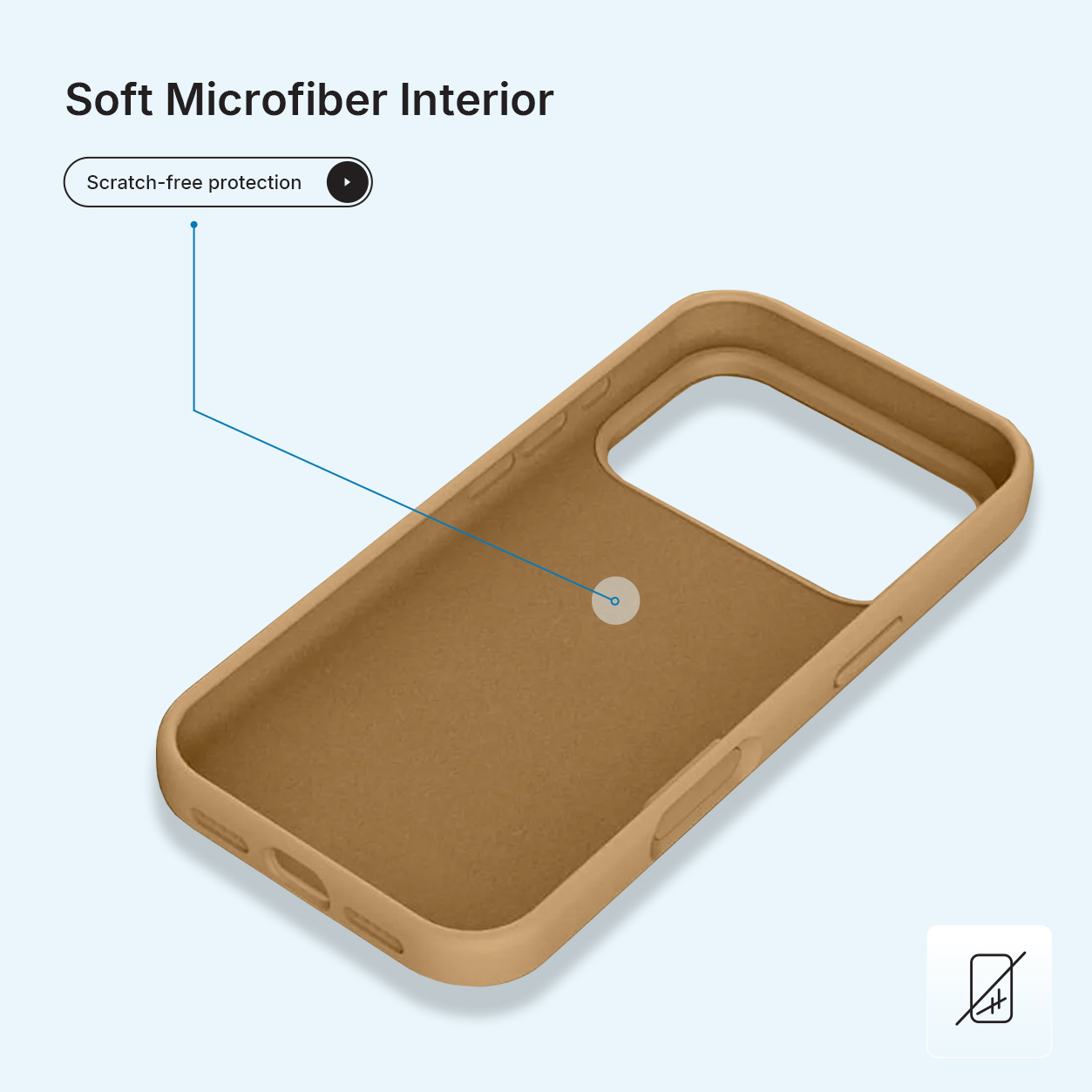 De binnenkant van een bruingele telefoonhoes wordt getoond. De tekst bovenaan luidt zacht microvezel interieur. Er is een krasvrij beschermingslabel.