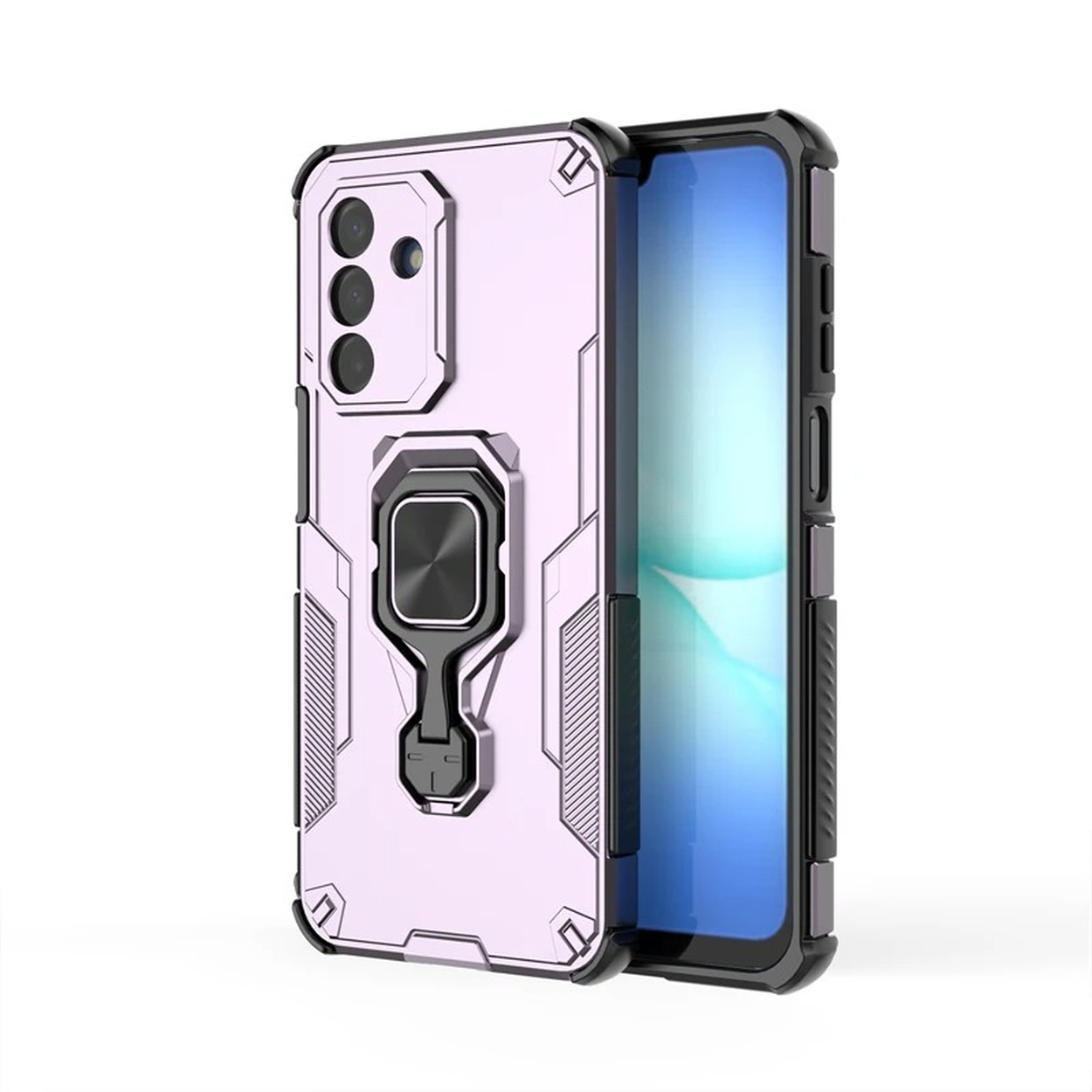 Een telefoon in een lichtpaarse hoes. De hoes heeft een zwarte ringhouder en een zwart frame. Het scherm is zichtbaar.