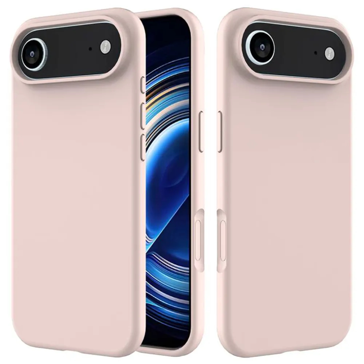 Trois étuis roses pour téléphones. Un ouvert, révélant un écran bleu. Chaque étui a une découpe pour la caméra et des boutons latéraux.