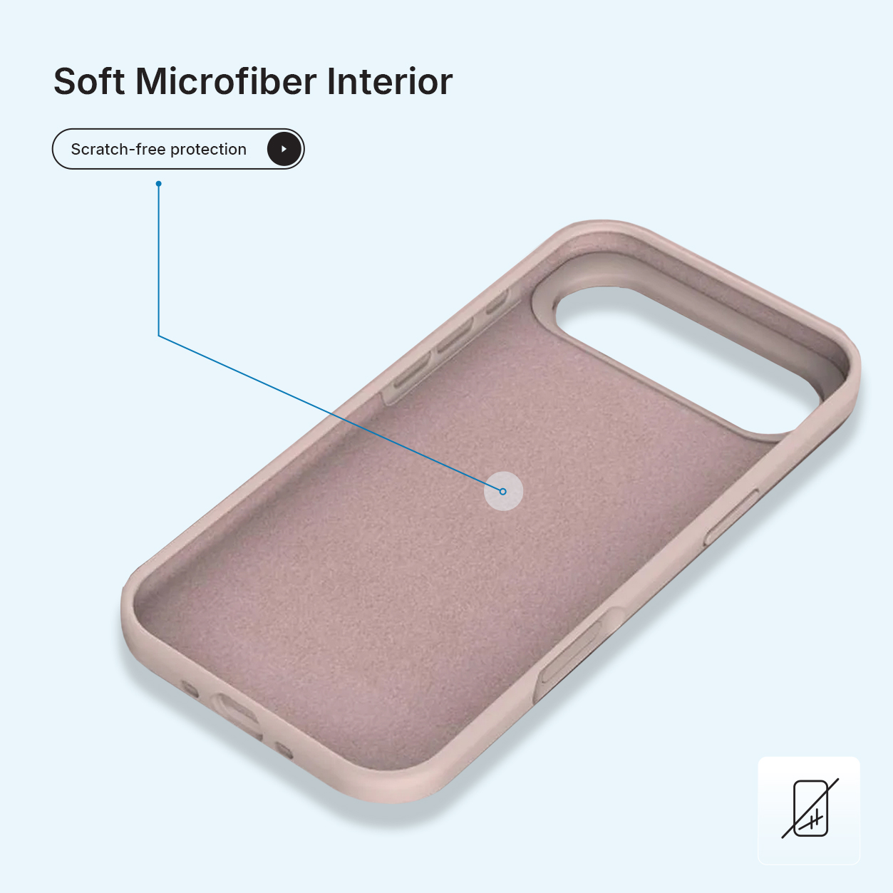 Intérieur rose d'étui de téléphone avec microfibre douce. Fond bleu clair. Texte : 'Intérieur en microfibre douce'.