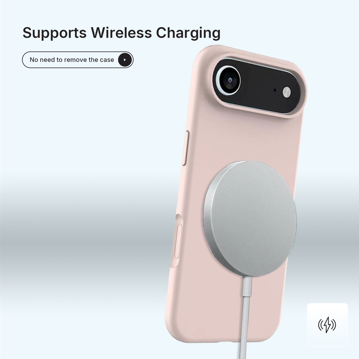 Une coque de téléphone rose avec un socle de chargement argenté est attachée. Le téléphone a une caméra. La charge sans fil est prise en charge.