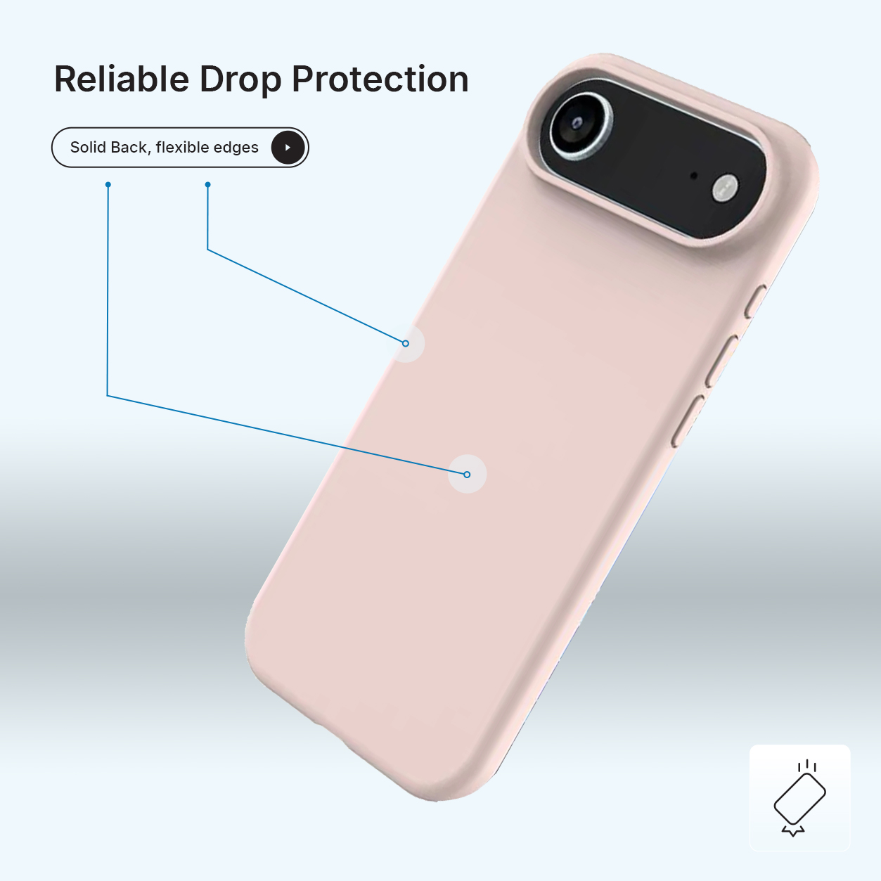 Un étui de téléphone rose avec une découpe pour l'appareil photo est affiché. Le texte indique une protection fiable contre les chutes avec un dos solide et des bords flexibles.