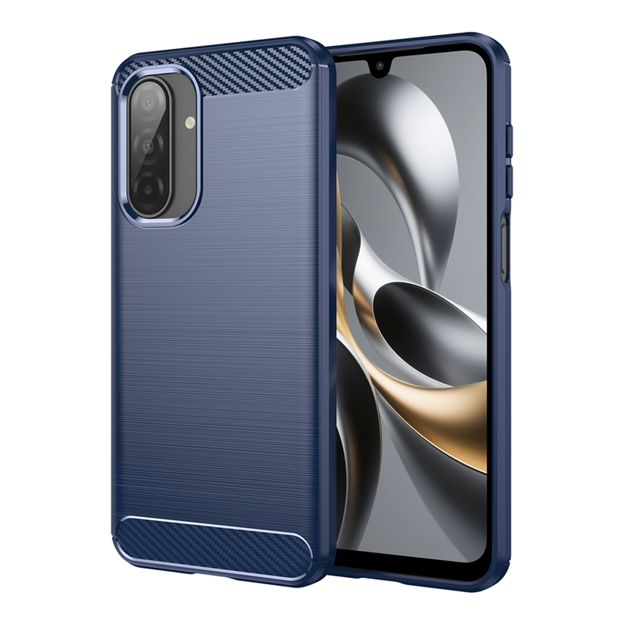 Une coque de téléphone bleu foncé à côté d'un téléphone. La coque a un dos texturé avec un motif en fibre de carbone en haut et en bas.