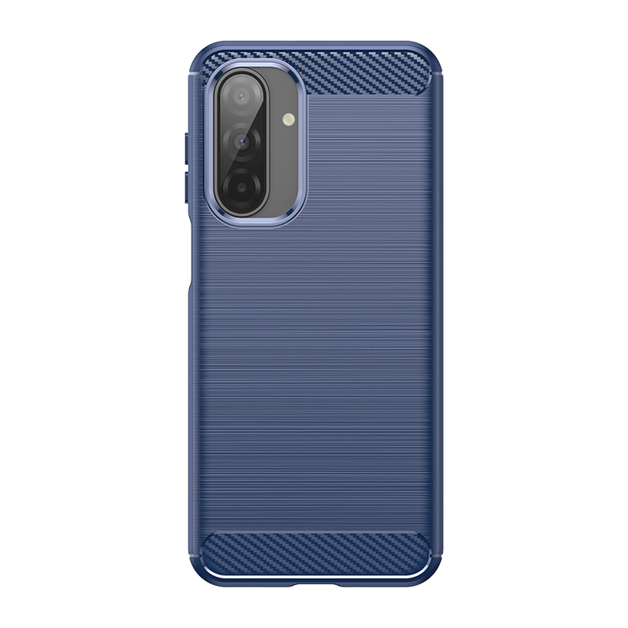 Un étui de téléphone bleu avec un module caméra. L'étui a une surface texturée et des accents en fibre de carbone.