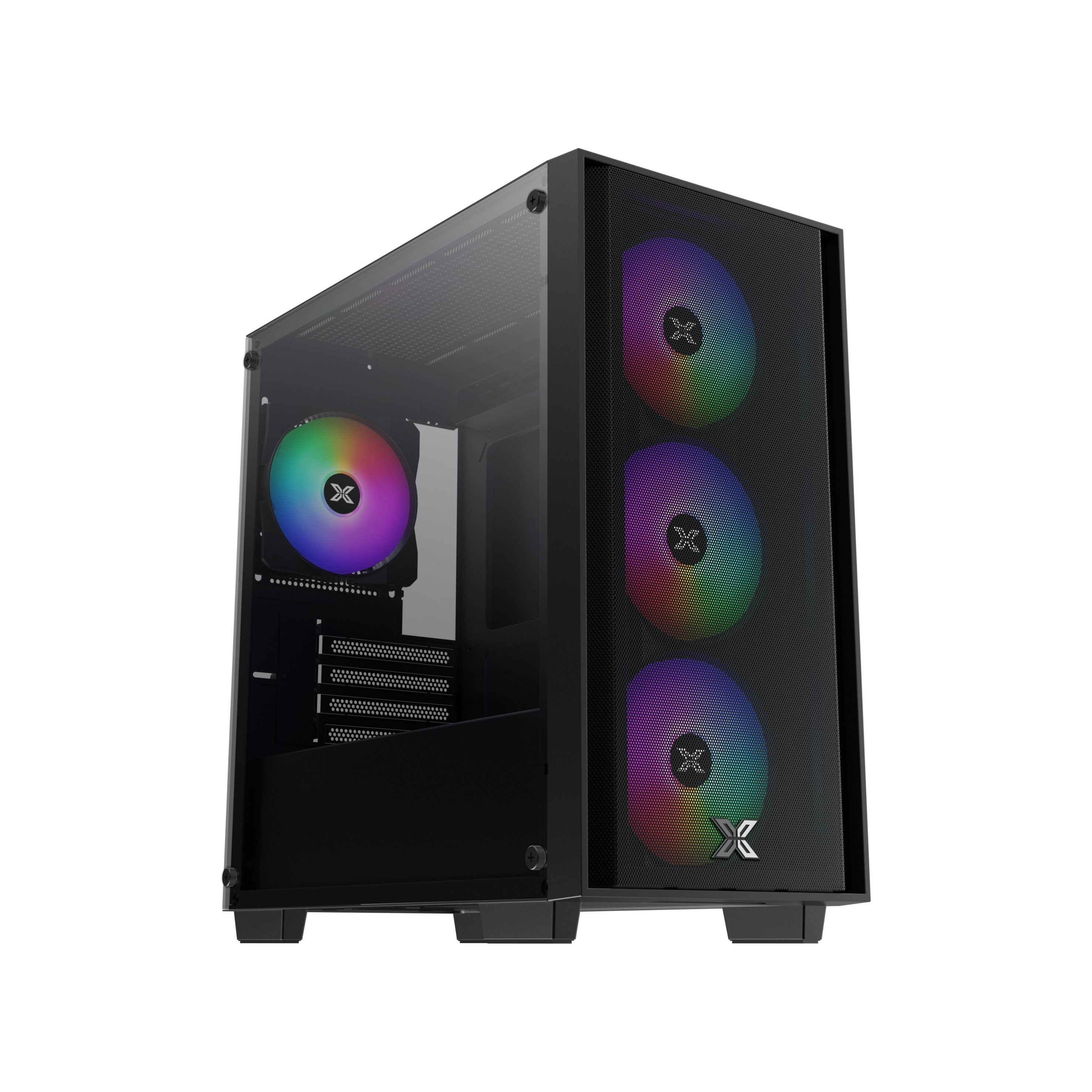 Zwarte computerkast met glazen zijpaneel en mesh voorkant. Bevat ventilatoren met regenbooglichten.