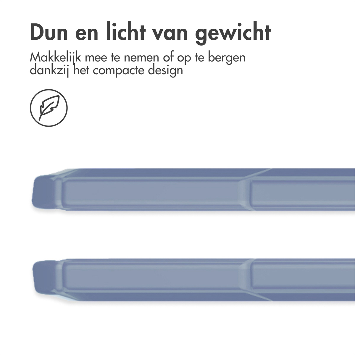 Deux objets rectangulaires bleus, texte en néerlandais en haut et une petite icône de plume, le tout sur fond blanc.