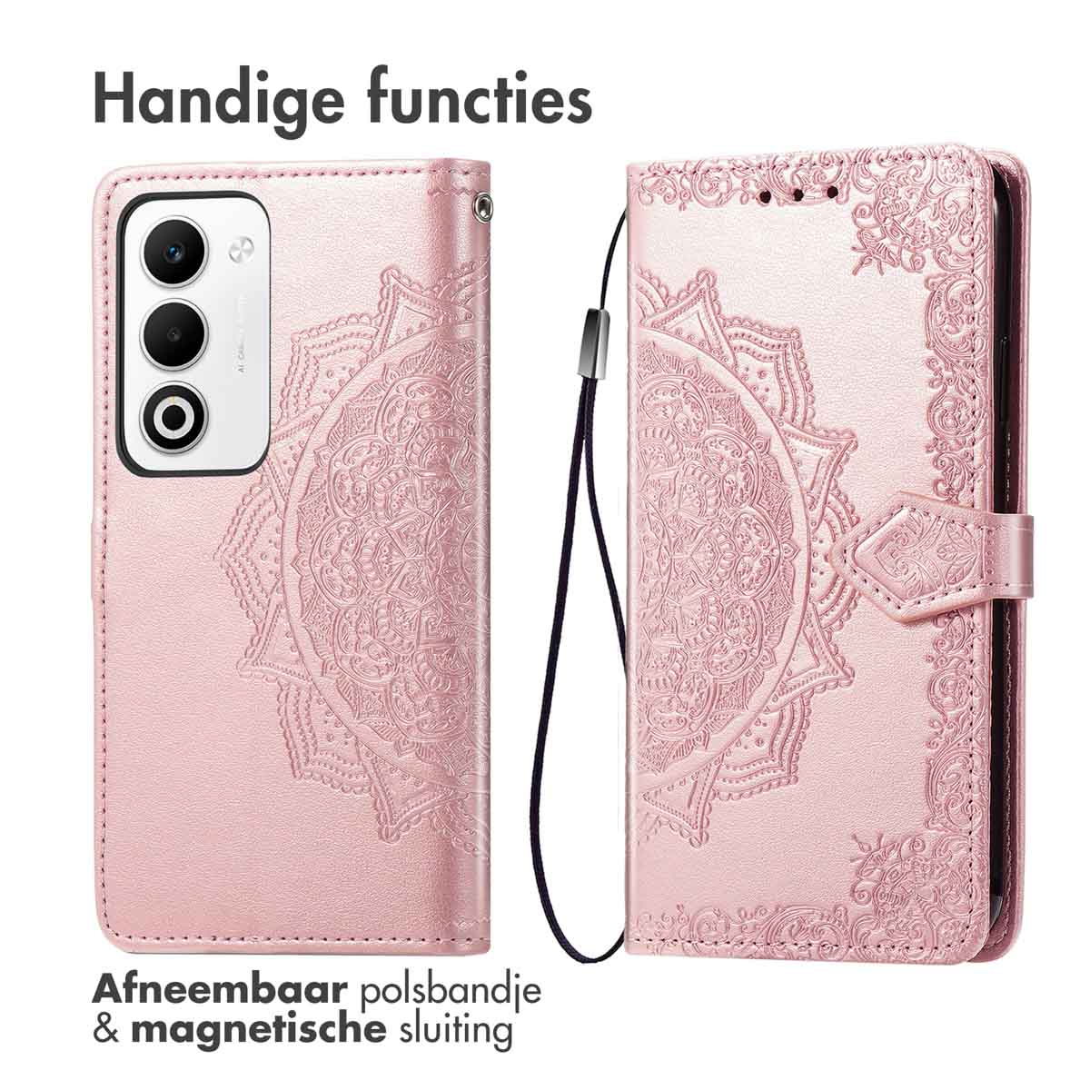 Custodia rosa per telefono con design mandala. Cinturino da polso rimovibile e chiusura magnetica. Testo: Funzioni utili.