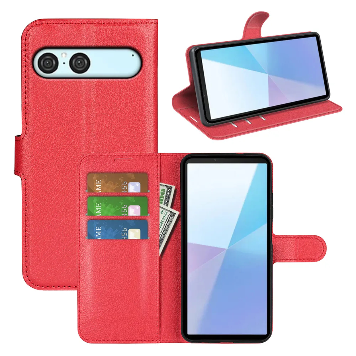 Un étui de téléphone en cuir rouge, ouvert et fermé, avec un téléphone et des cartes de crédit visibles. Aussi, un téléphone à l'intérieur de l'étui ouvert.