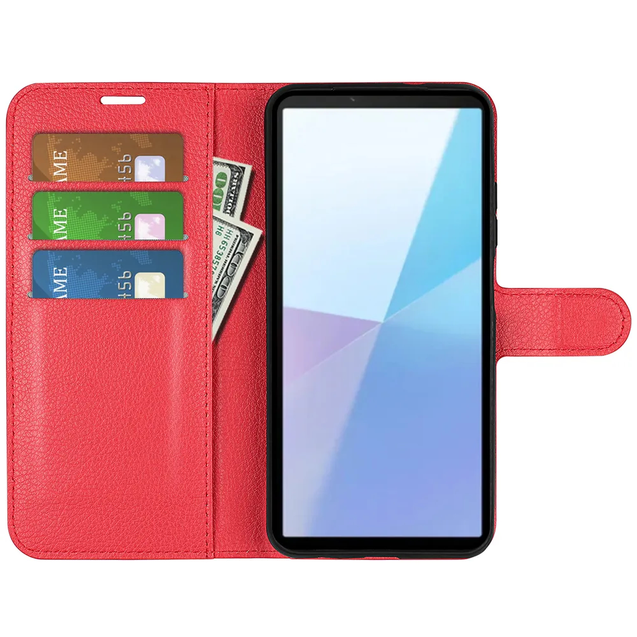 Étui de téléphone rouge avec un téléphone. Il a des fentes pour cartes et une poche pour l'argent. Trois cartes et un billet sont visibles.