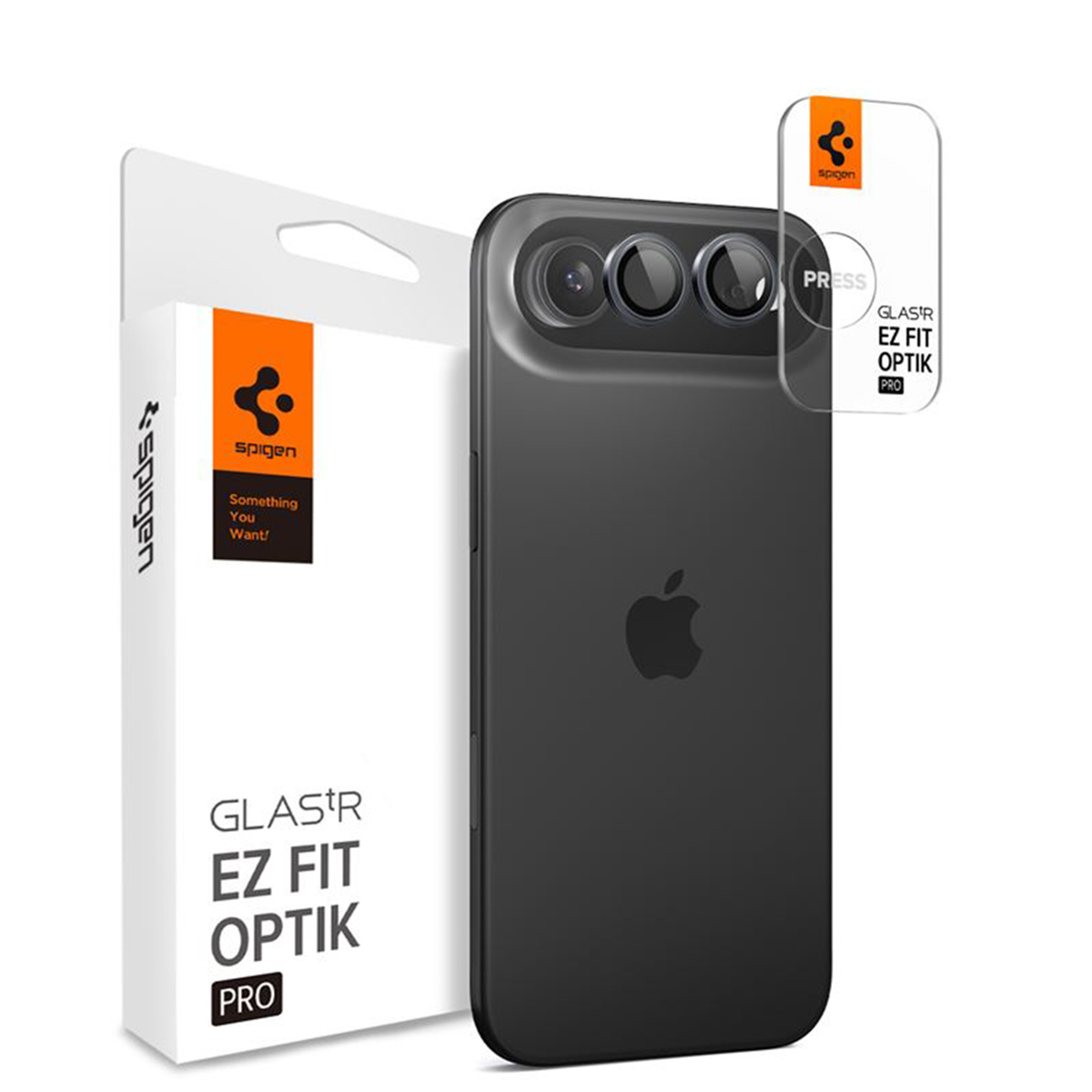 Een zwarte telefoonhoes met camerabescherming, een witte doos met Spigen-merk en een oranje accent.